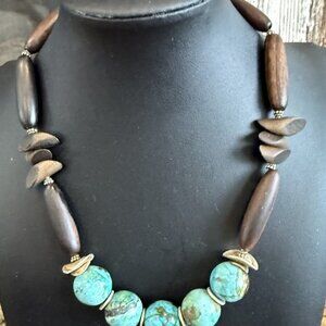 Vintage Sterling Silver Wooden & Large Beaded 18” Necklace